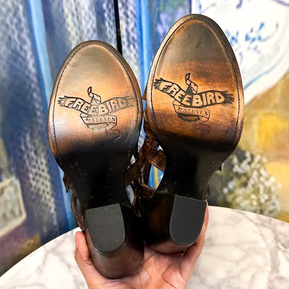 Freebird Breez Strappy Leather Gladiator Sandal Heels Brown Multi 8 EUC - Picture 6 of 8